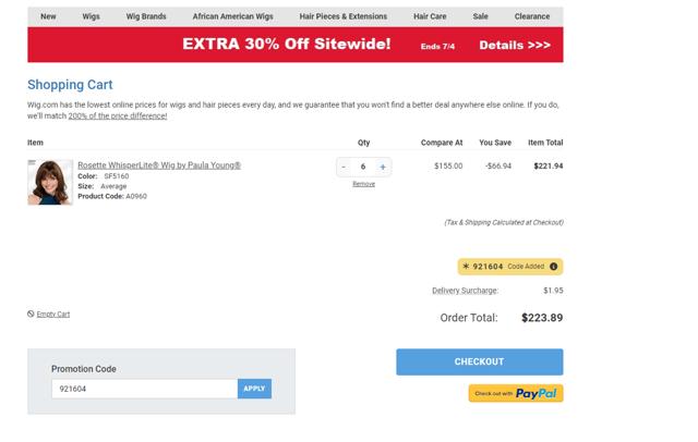 Wig.com checkout page showing Wig.com promo code box | Screenshot taken by SimplyCodes community member on Jul 4, 2024