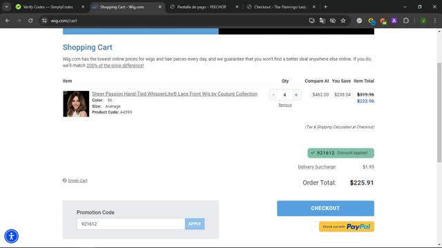 Wig.com checkout page showing Wig.com promo code box | Screenshot taken by SimplyCodes community member on Jul 20, 2024