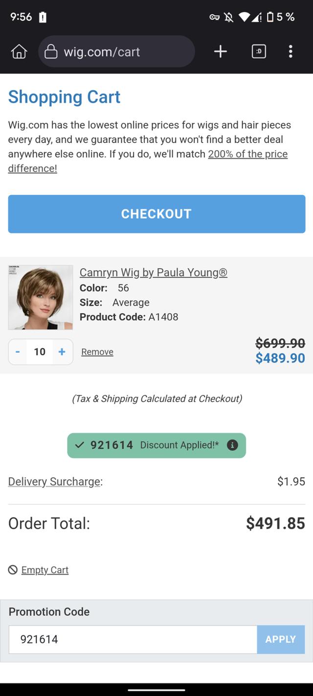 Wig.com checkout page showing Wig.com promo code box | Screenshot taken by SimplyCodes community member on Jul 25, 2024