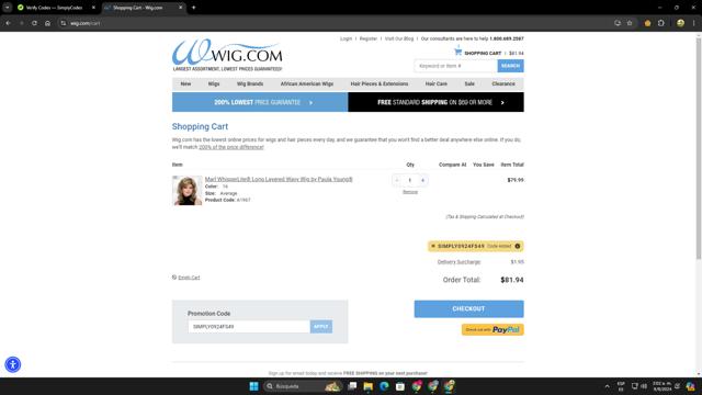 Wig.com checkout page showing Wig.com promo code box | Screenshot taken by SimplyCodes community member on Sep 9, 2024