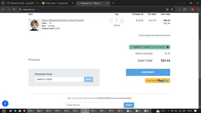Wig.com checkout page showing Wig.com promo code box | Screenshot taken by SimplyCodes community member on Dec 3, 2024