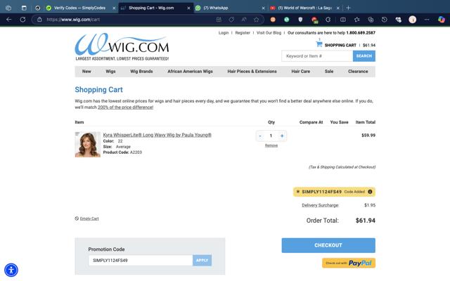 Wig.com checkout page showing Wig.com promo code box | Screenshot taken by SimplyCodes community member on Nov 25, 2024