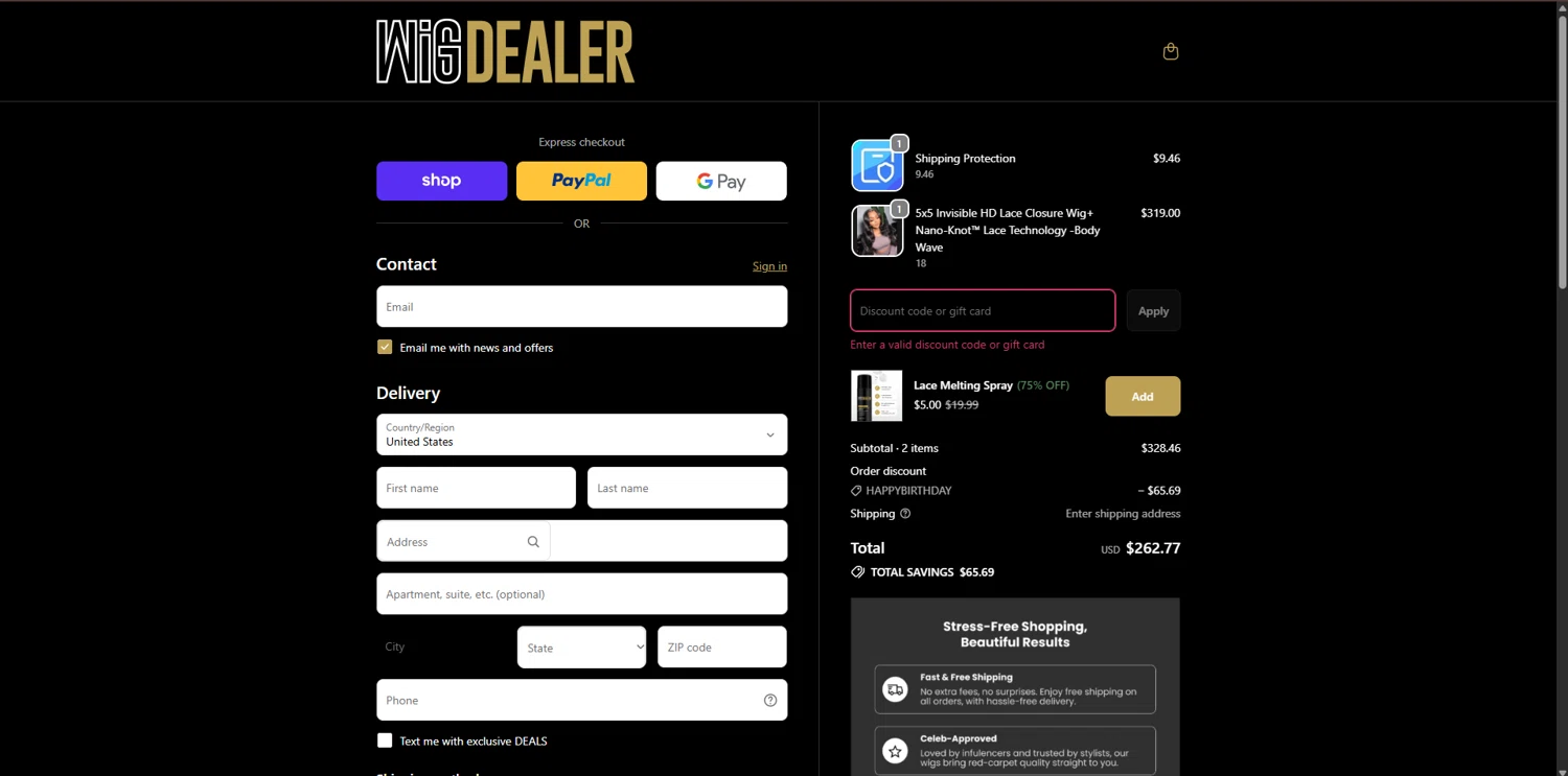 Wig Dealer discount code screenshot showing code M3TPS7BQ applied at Wig Dealer checkout page. Uploaded by SimplyCodes community member BrilliantGenius7871 on Feb 11, 2026