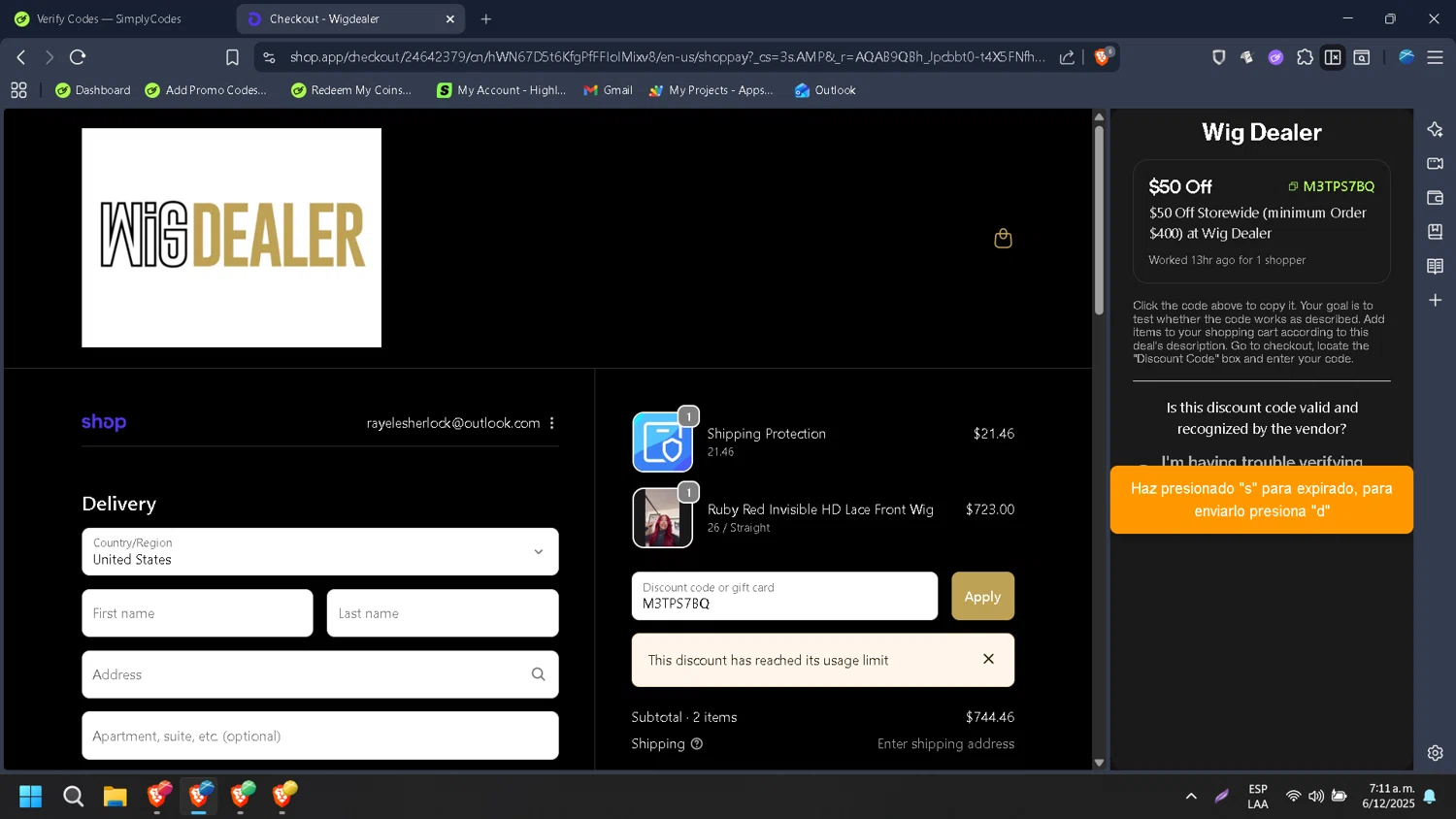 Wig Dealer discount code screenshot showing code M3TPS7BQ applied at Wig Dealer checkout page. Uploaded by SimplyCodes community member HugoChavez1 on Dec 6, 2025