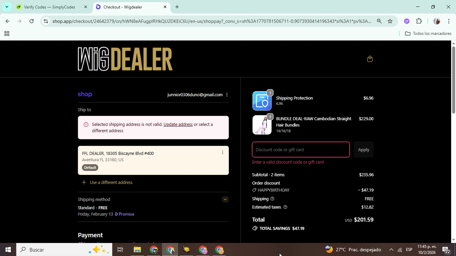 Wig Dealer discount code screenshot showing code M3TPS7BQ applied at Wig Dealer checkout page. Uploaded by SimplyCodes community member Mujerdejunnior on Feb 11, 2026