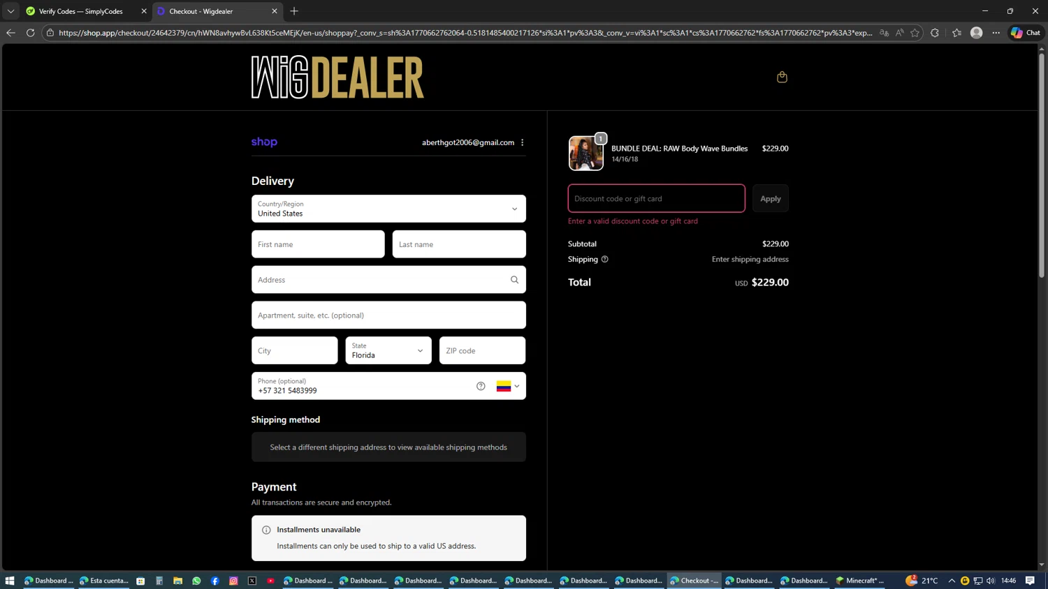 Wig Dealer discount code screenshot showing code N3LBDPV7 applied at Wig Dealer checkout page. Uploaded by SimplyCodes community member AVATIGRITO on Feb 9, 2026
