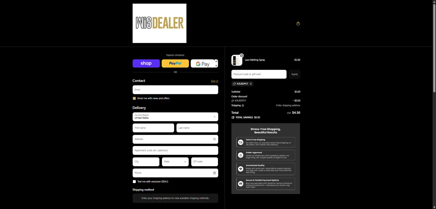 Wig Dealer checkout page showing Wig Dealer discount code box | Screenshot taken by SimplyCodes community member on Feb 7, 2026