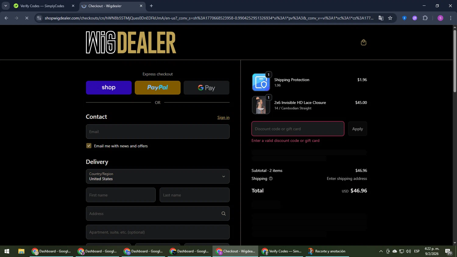 Wig Dealer discount code screenshot showing code N3LBDPV7 applied at Wig Dealer checkout page. Uploaded by SimplyCodes community member Son_Goku on Feb 9, 2026