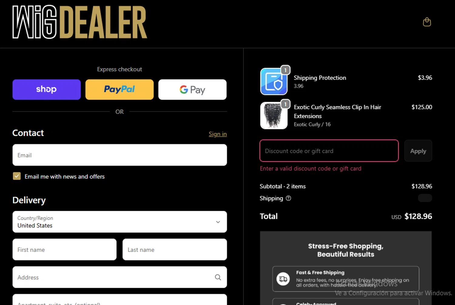 Wig Dealer discount code screenshot showing code N3LBDPV7 applied at Wig Dealer checkout page. Uploaded by SimplyCodes community member ligthYA on Feb 9, 2026