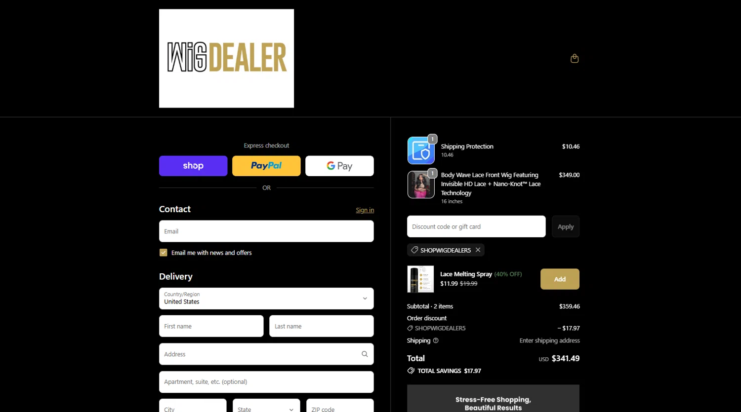 Wig Dealer discount code screenshot showing code SHOPWIGDEALER5 applied at Wig Dealer checkout page. Uploaded by SimplyCodes community member NiceDeals on Jan 20, 2026