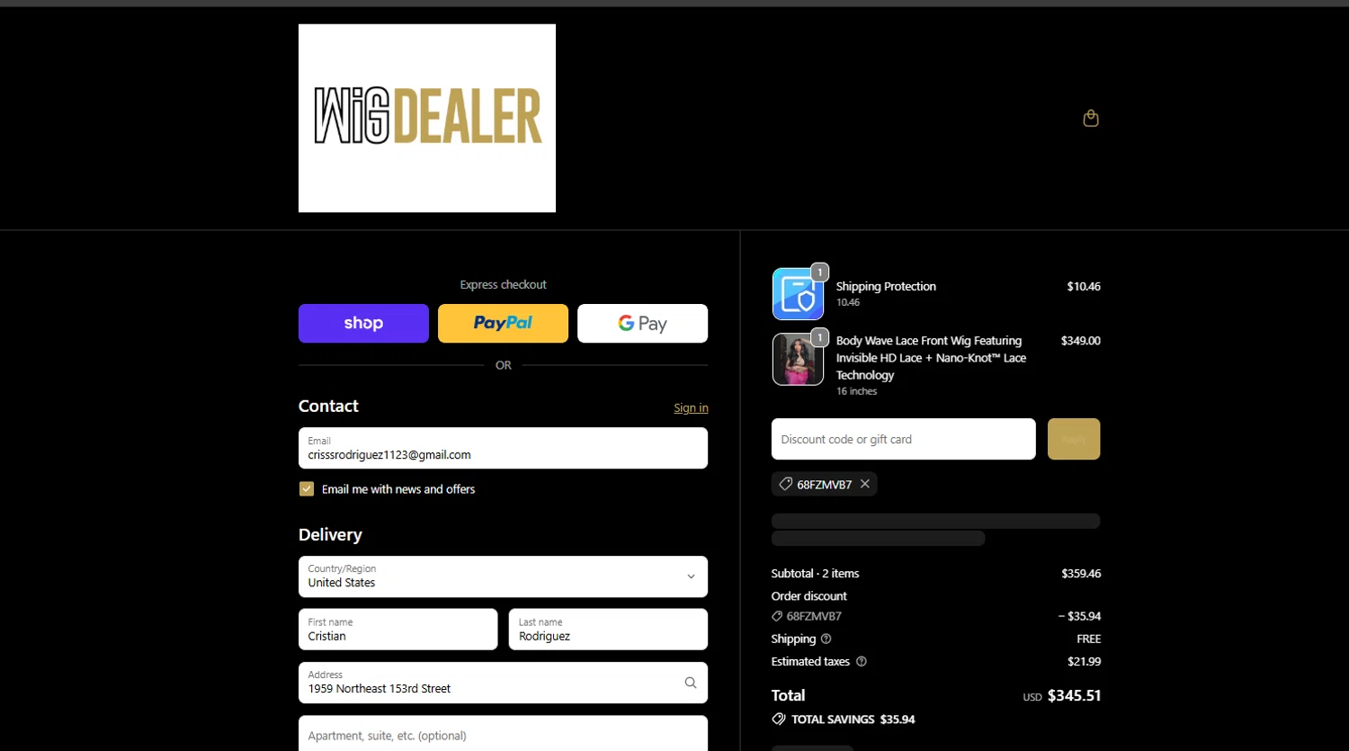 Wig Dealer discount code screenshot showing code 68FZMVB7 applied at Wig Dealer checkout page. Uploaded by SimplyCodes community member NiceDeals on Jan 28, 2026
