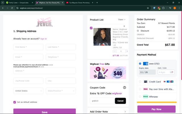 WigFever checkout page showing WigFever coupon code box | Screenshot taken by SimplyCodes community member on Jul 30, 2025