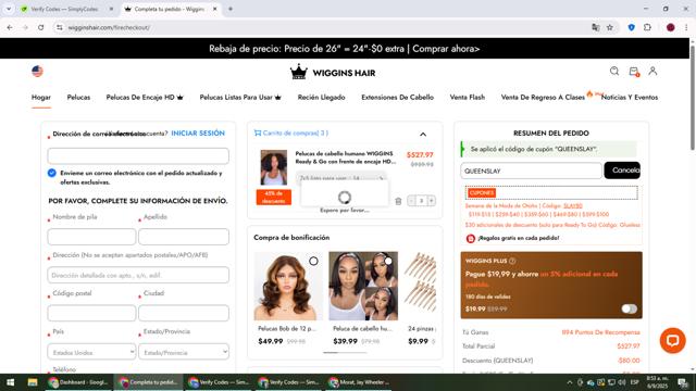 Wiggins Hair checkout page showing Wiggins Hair coupon code box | Screenshot taken by SimplyCodes community member on Sep 6, 2025