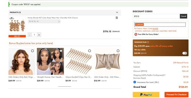Wiggins Hair checkout page showing Wiggins Hair coupon code box | Screenshot taken by SimplyCodes community member on Sep 10, 2025