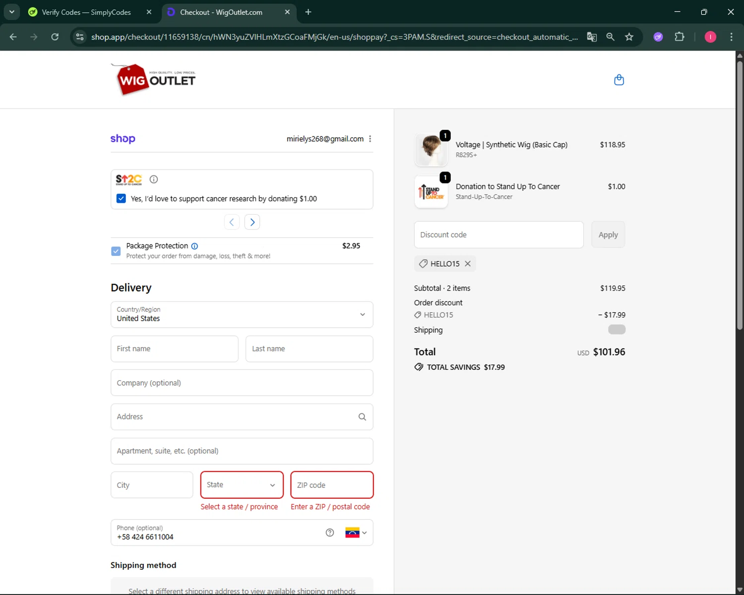 WigOutlet.com discount code screenshot showing code HELLO15 applied at WigOutlet.com checkout page. Uploaded by SimplyCodes community member BargainSeeker9964 on Oct 11, 2025
