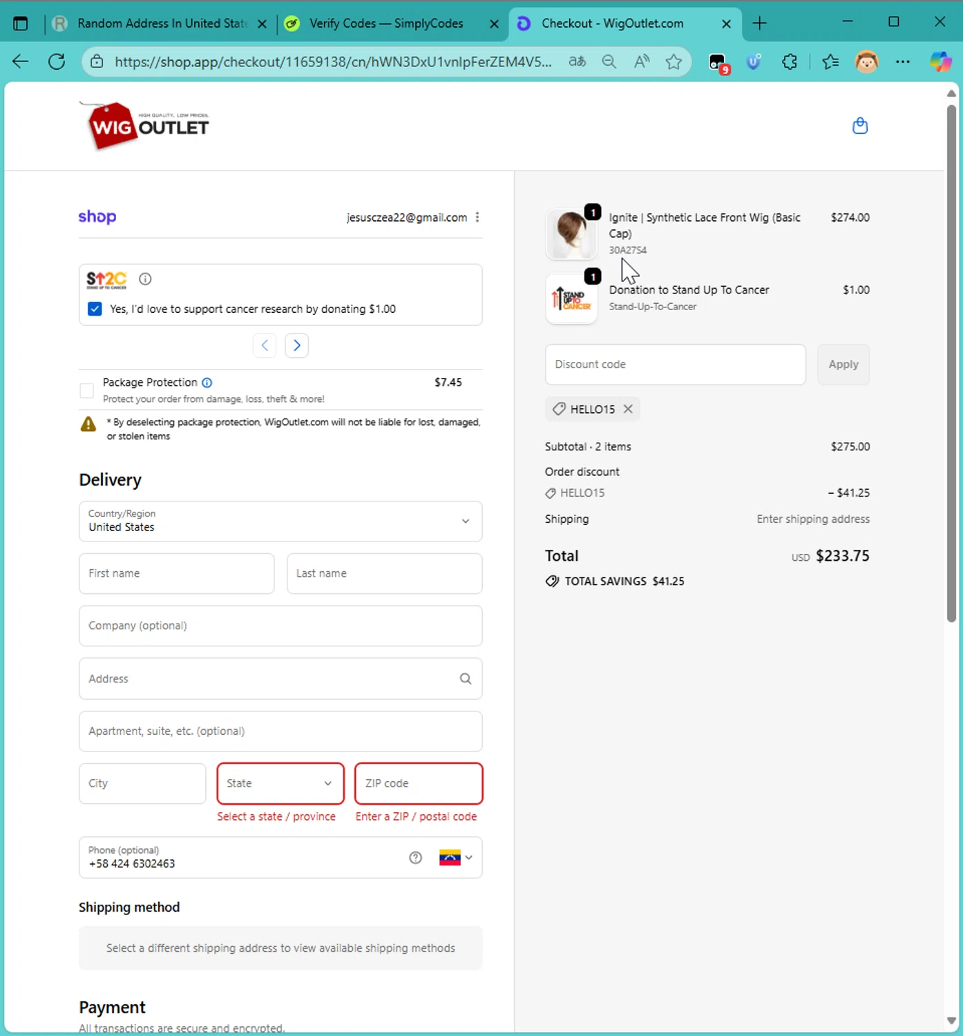 WigOutlet.com discount code screenshot showing code HELLO15 applied at WigOutlet.com checkout page. Uploaded by SimplyCodes community member DonutPunks on Sep 21, 2025