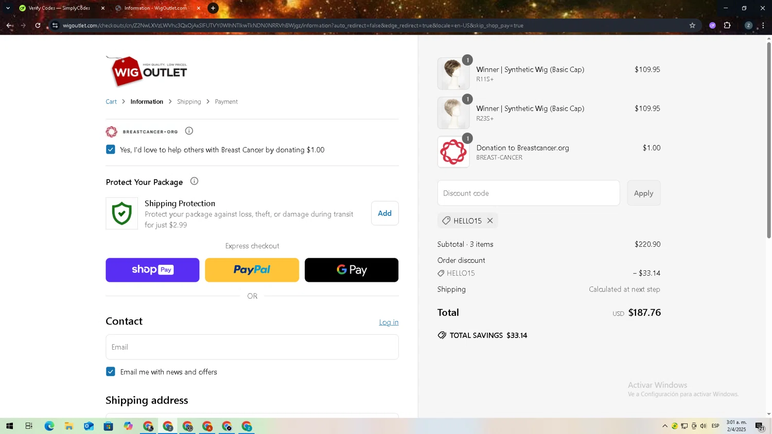 WigOutlet.com discount code screenshot showing code HELLO15 applied at WigOutlet.com checkout page. Uploaded by SimplyCodes community member zadquiel on Apr 2, 2025