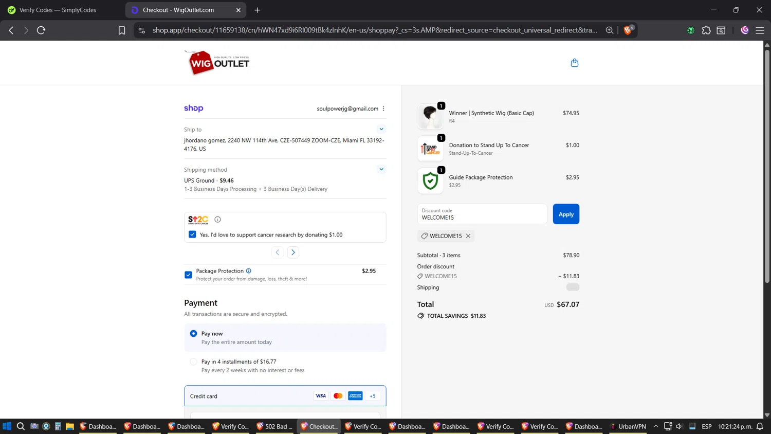 WigOutlet.com discount code screenshot showing code WELCOME15 applied at WigOutlet.com checkout page. Uploaded by SimplyCodes community member Phoenix on Oct 15, 2025