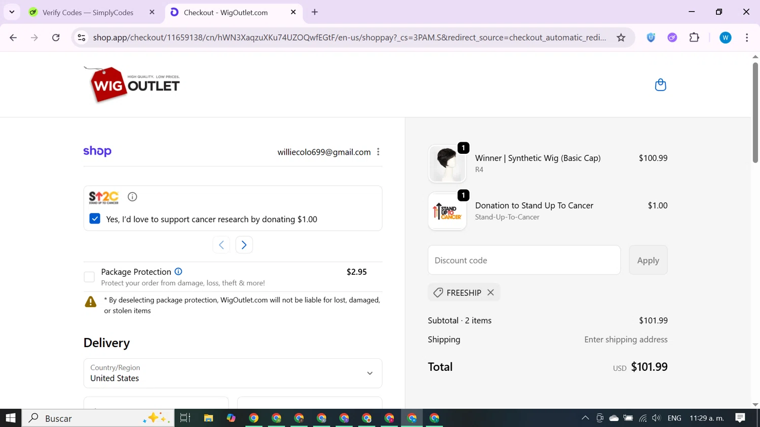 WigOutlet.com discount code screenshot showing code FREESHIP applied at WigOutlet.com checkout page. Uploaded by SimplyCodes community member CrownShopper7142 on Sep 29, 2025