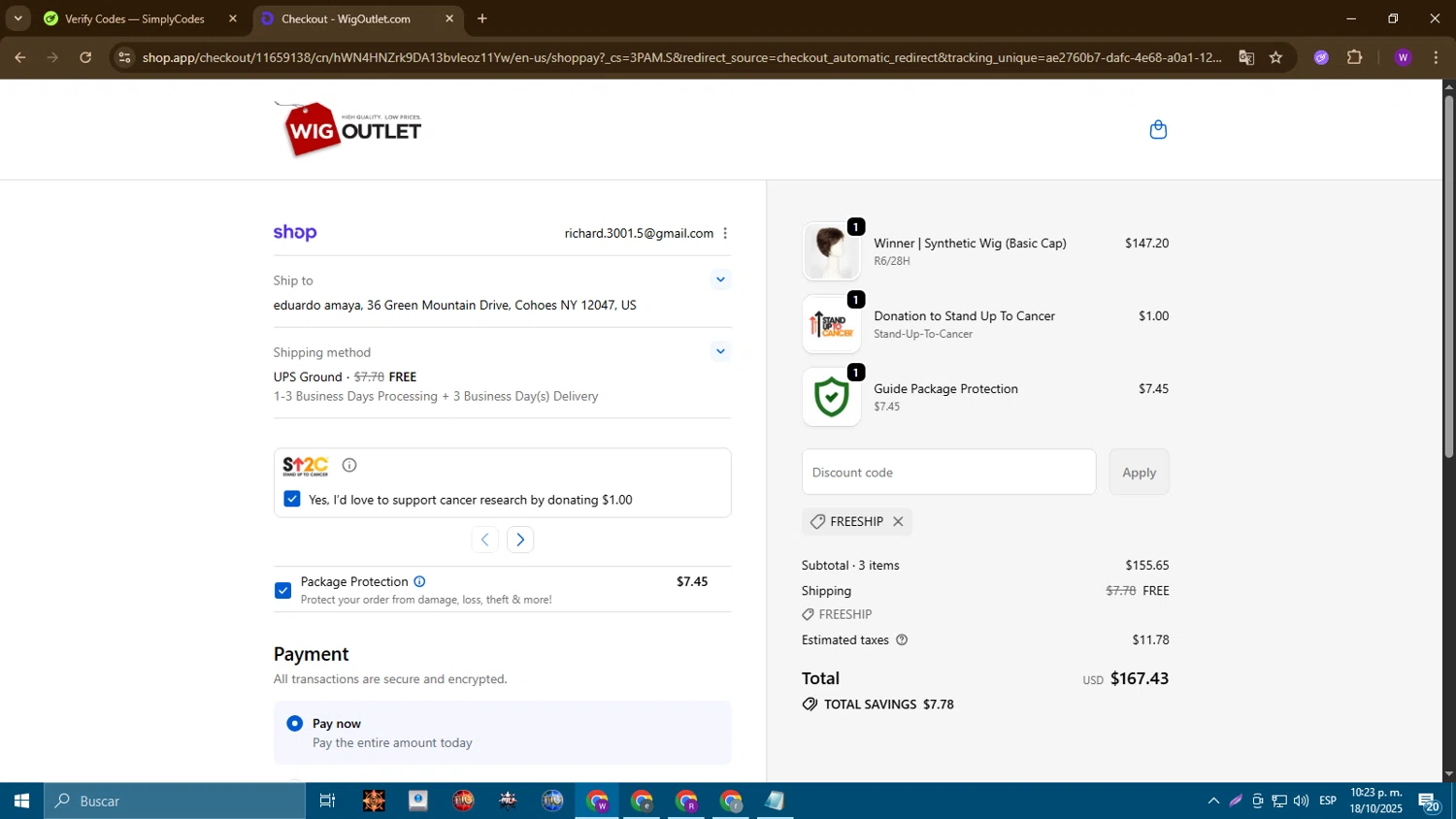 WigOutlet.com discount code screenshot showing code FREESHIP applied at WigOutlet.com checkout page. Uploaded by SimplyCodes community member ExtraordinaryGuardian7753 on Oct 19, 2025