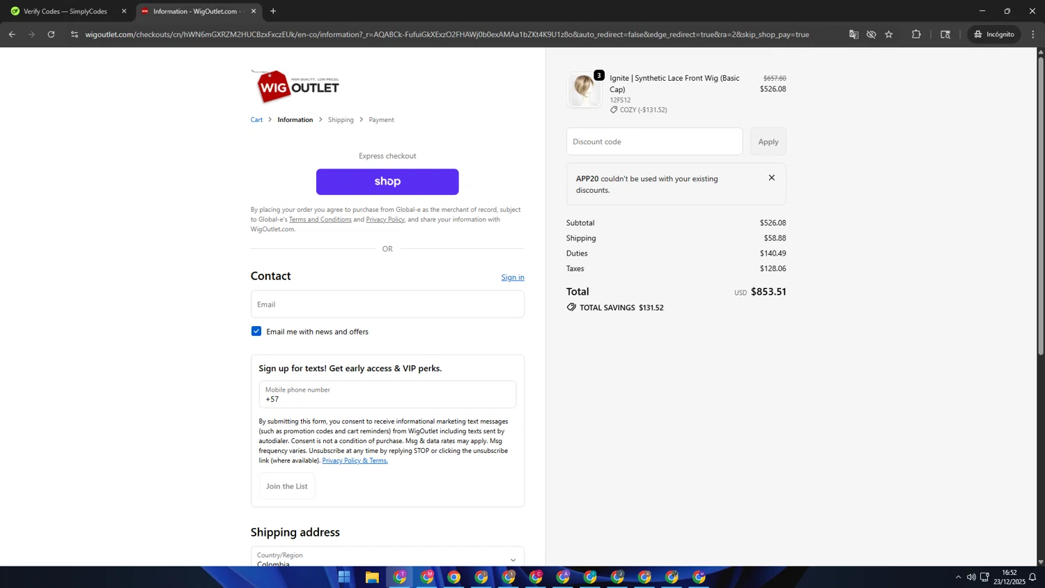WigOutlet.com discount code screenshot showing code APP20 applied at WigOutlet.com checkout page. Uploaded by SimplyCodes community member ShrewdSleuth9497 on Dec 23, 2025