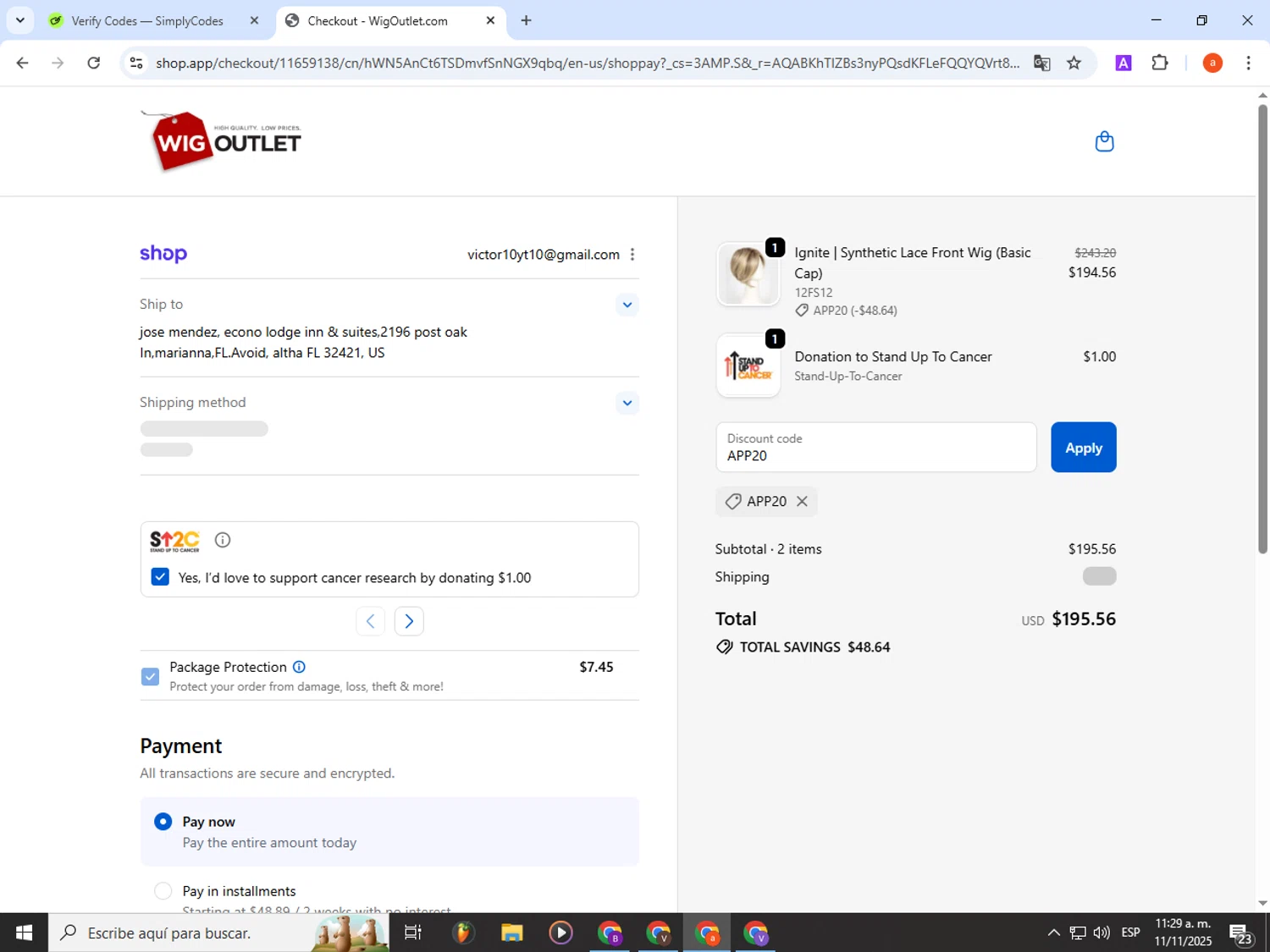 WigOutlet.com discount code screenshot showing code APP20 applied at WigOutlet.com checkout page. Uploaded by SimplyCodes community member partenalgas on Nov 11, 2025