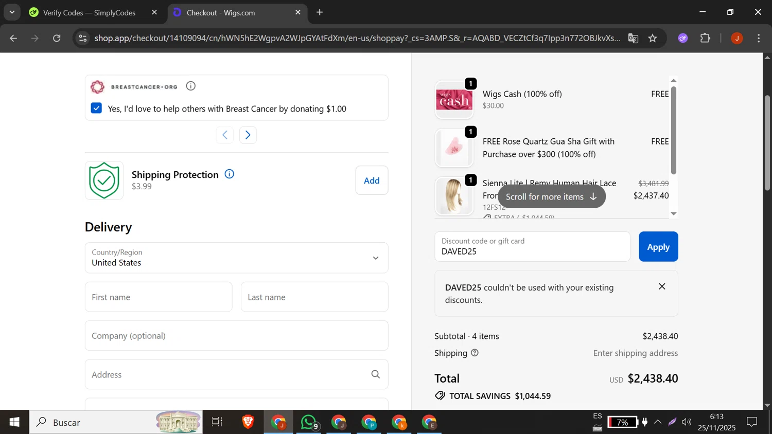 Wigs.com promo code screenshot showing code DAVED25 applied at Wigs.com checkout page. Uploaded by SimplyCodes community member DORIANGEL on Nov 25, 2025