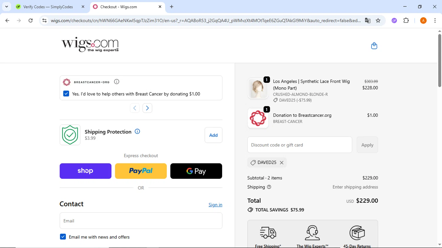 Wigs.com promo code screenshot showing code DAVED25 applied at Wigs.com checkout page. Uploaded by SimplyCodes community member ThriftyMaverick437 on Dec 6, 2025