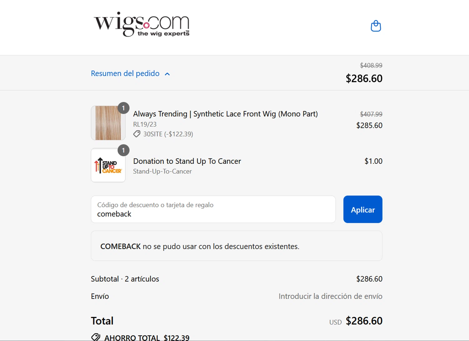 Wigs.com promo code screenshot showing code comeback applied at Wigs.com checkout page. Uploaded by SimplyCodes community member ValiantLion5897 on Sep 17, 2025