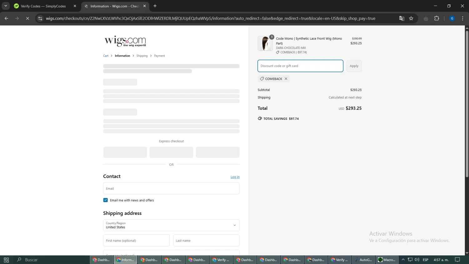 Wigs.com promo code screenshot showing code comeback applied at Wigs.com checkout page. Uploaded by SimplyCodes community member SmartPilot2888 on Mar 25, 2025