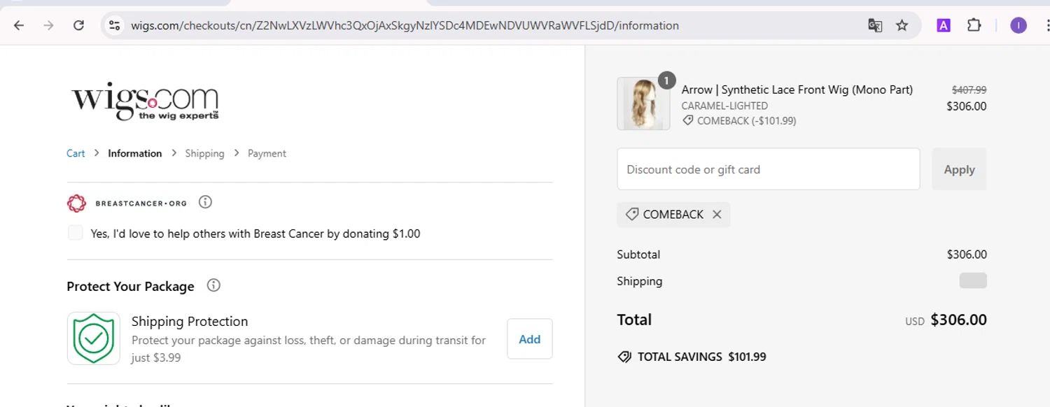 Wigs.com promo code screenshot showing code comeback applied at Wigs.com checkout page. Uploaded by SimplyCodes community member SilverVirtuoso5948 on Jan 8, 2025