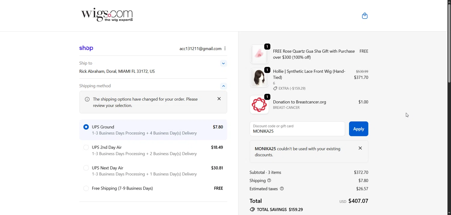 Wigs.com promo code screenshot showing code MONIKA25 applied at Wigs.com checkout page. Uploaded by SimplyCodes community member varusitochambeador3 on Nov 30, 2025