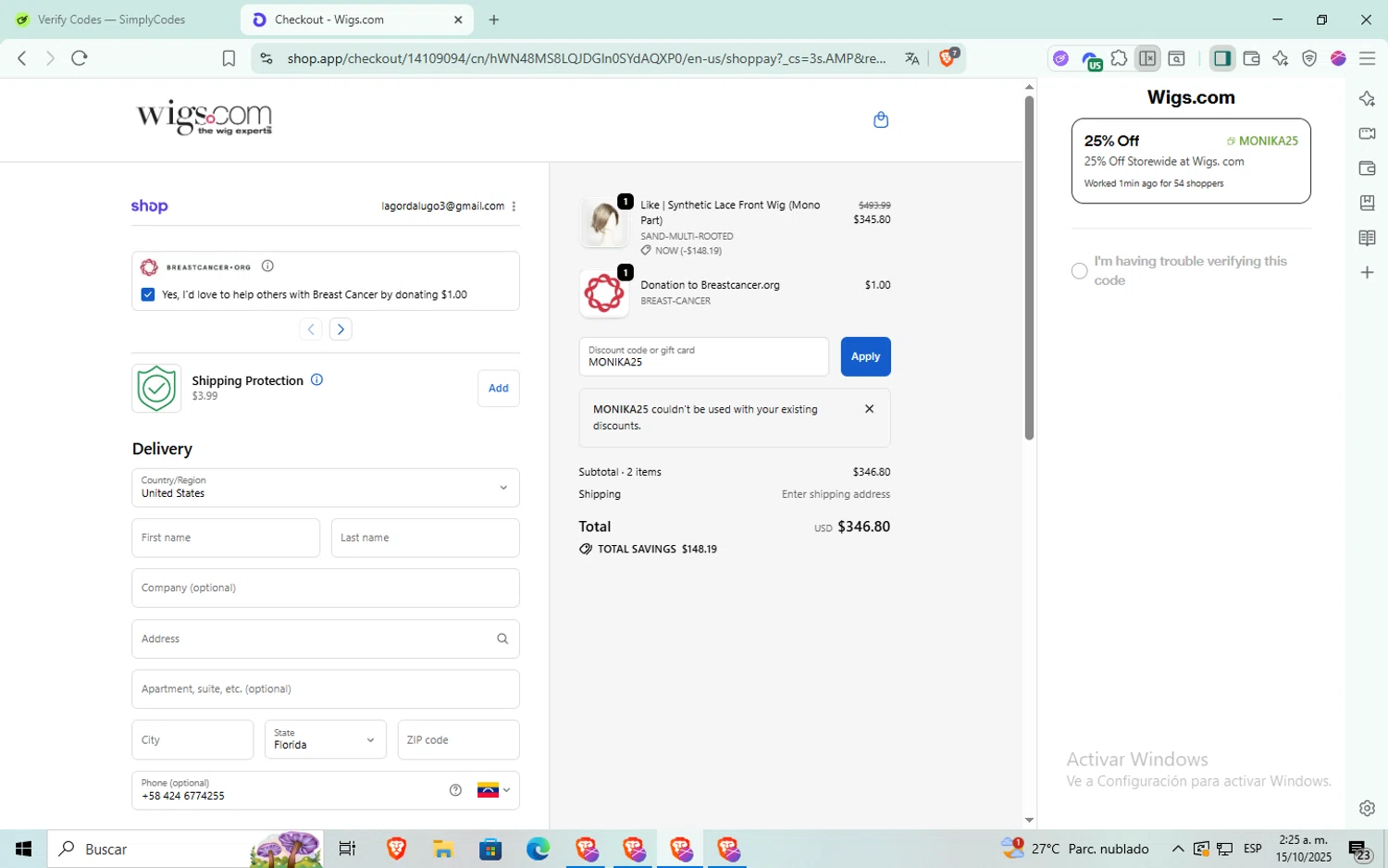 Wigs.com promo code screenshot showing code MONIKA25 applied at Wigs.com checkout page. Uploaded by SimplyCodes community member aaaaaaaaaaaaaaa on Oct 15, 2025