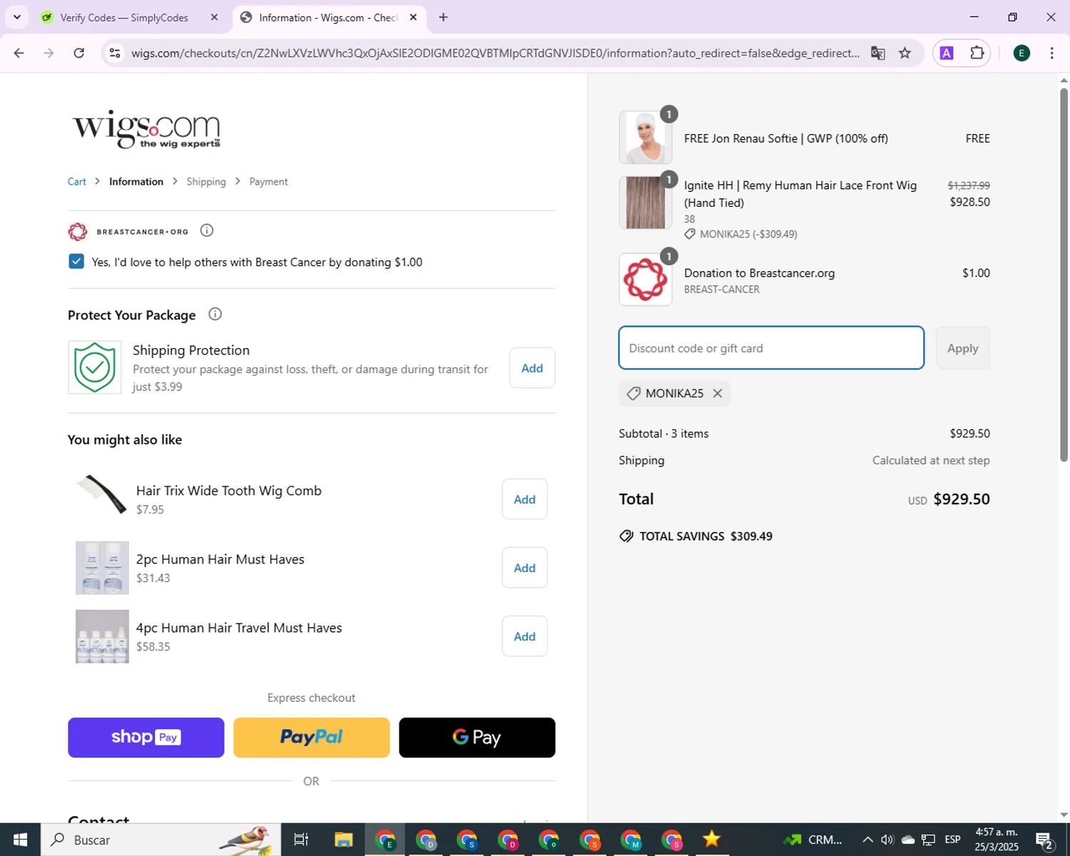 Wigs.com promo code screenshot showing code MONIKA25 applied at Wigs.com checkout page. Uploaded by SimplyCodes community member 00000006 on Mar 25, 2025