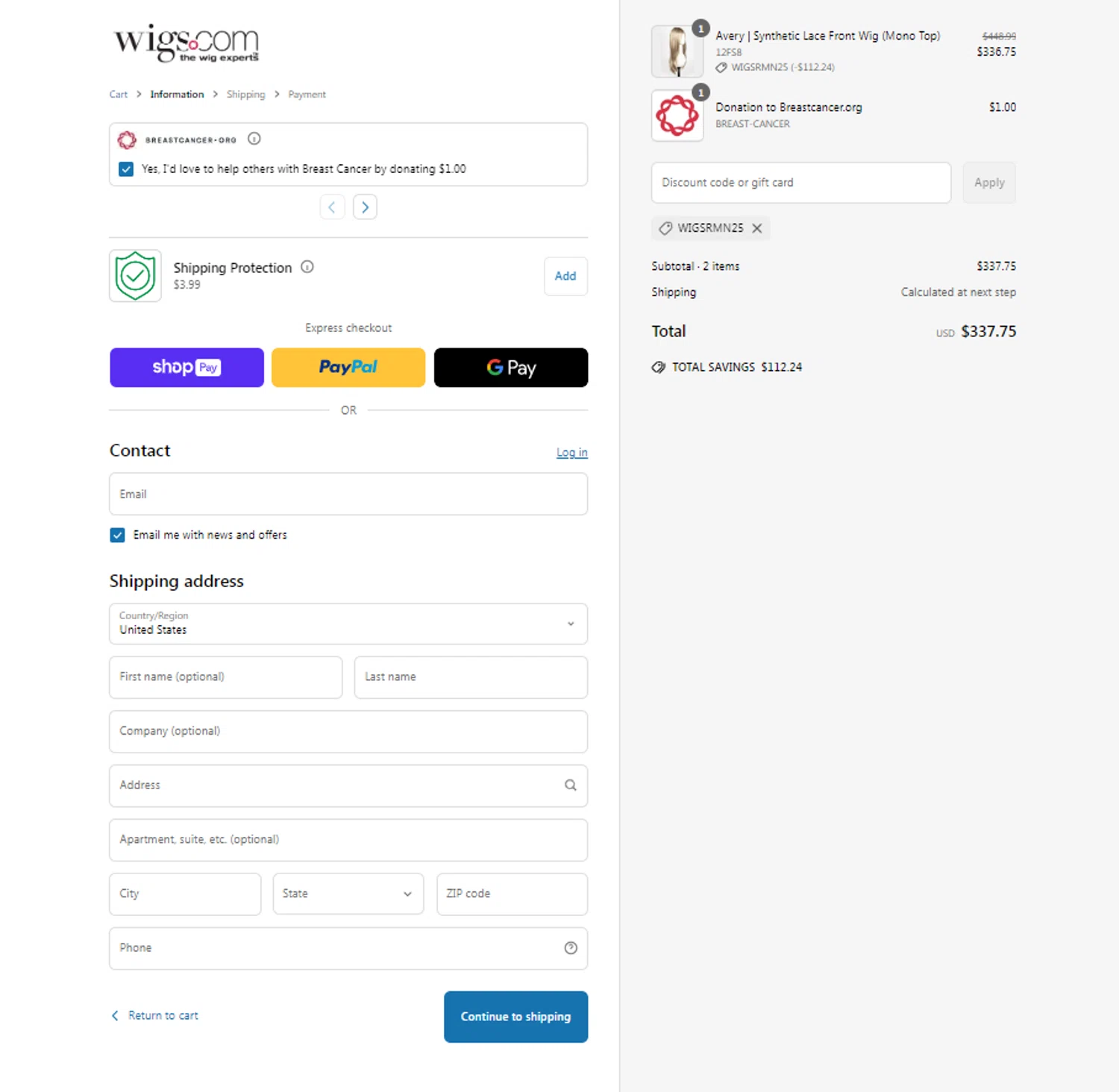 Wigs.com promo code screenshot showing code WIGSRMN25 applied at Wigs.com checkout page. Uploaded by SimplyCodes community member Noah19 on Apr 4, 2025