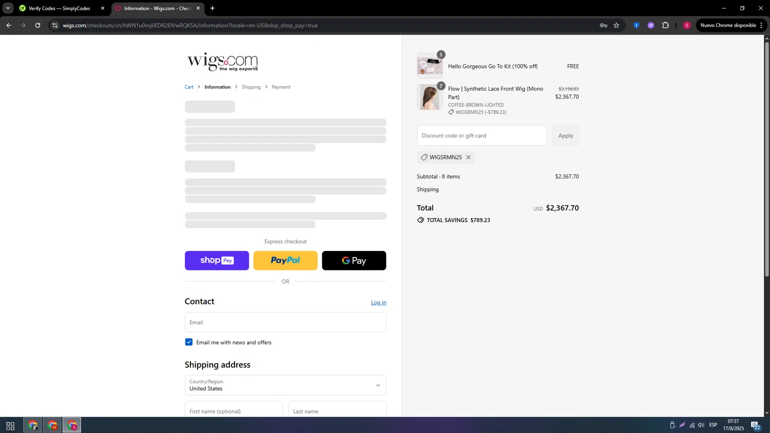 Wigs.com promo code screenshot showing code WIGSRMN25 applied at Wigs.com checkout page. Uploaded by SimplyCodes community member usenameeeee on Aug 17, 2025
