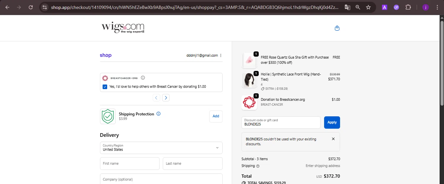 Wigs.com promo code screenshot showing code BLONDE25 applied at Wigs.com checkout page. Uploaded by SimplyCodes community member CoinMaverick1452 on Nov 25, 2025