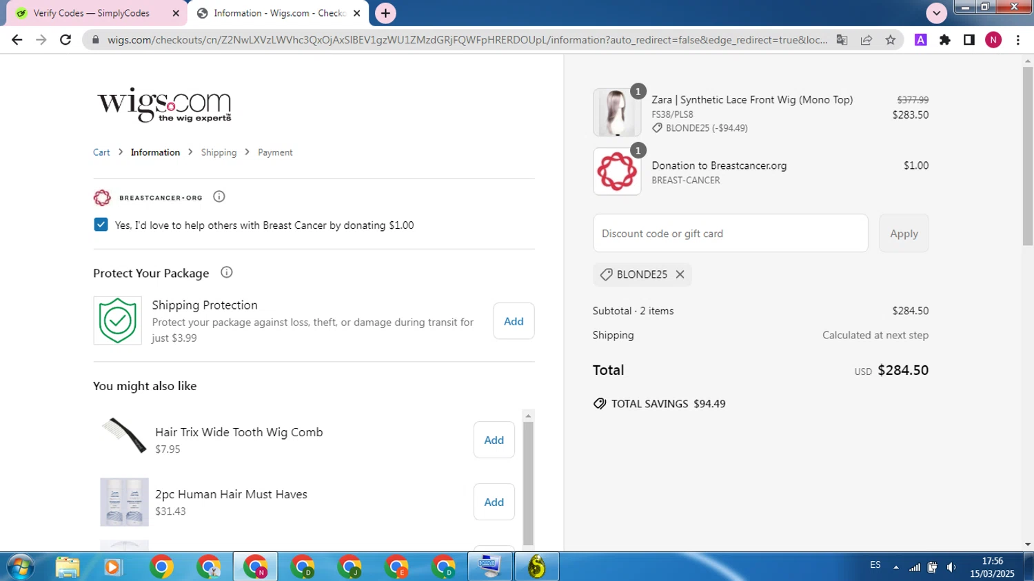 Wigs.com promo code screenshot showing code BLONDE25 applied at Wigs.com checkout page. Uploaded by SimplyCodes community member SilverMaverick387 on Mar 15, 2025