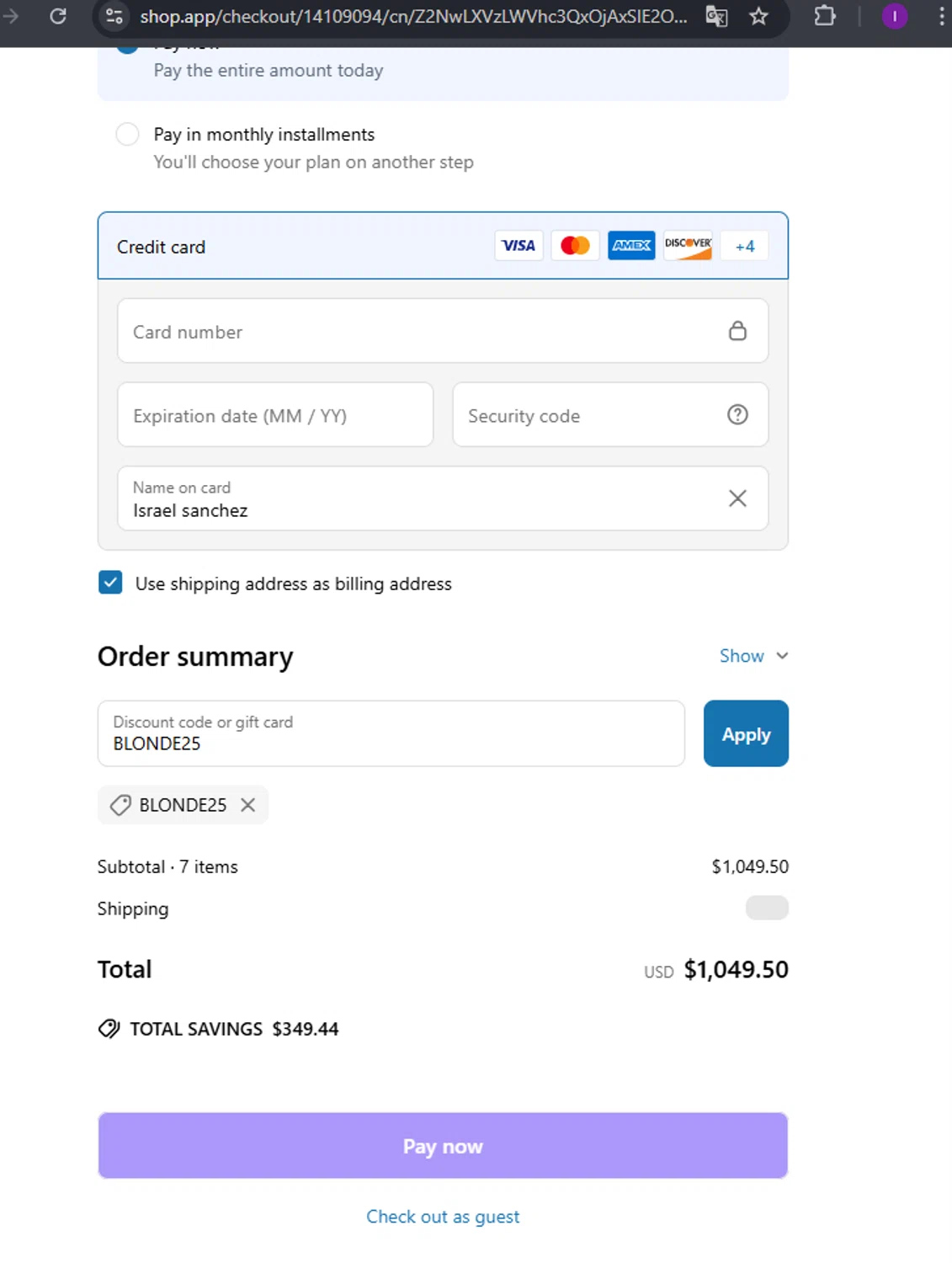 Wigs.com promo code screenshot showing code BLONDE25 applied at Wigs.com checkout page. Uploaded by SimplyCodes community member arimakouse on Mar 25, 2025