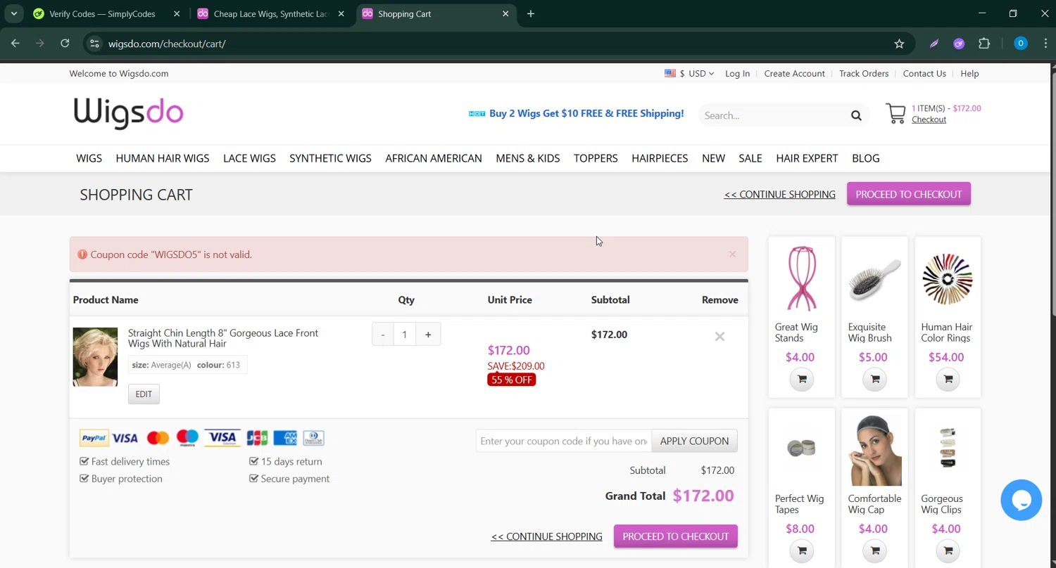 WigsDo coupon code screenshot showing code WIGSDO5 applied at WigsDo checkout page. Uploaded by SimplyCodes community member GoldAdmiral5202 on Apr 20, 2025