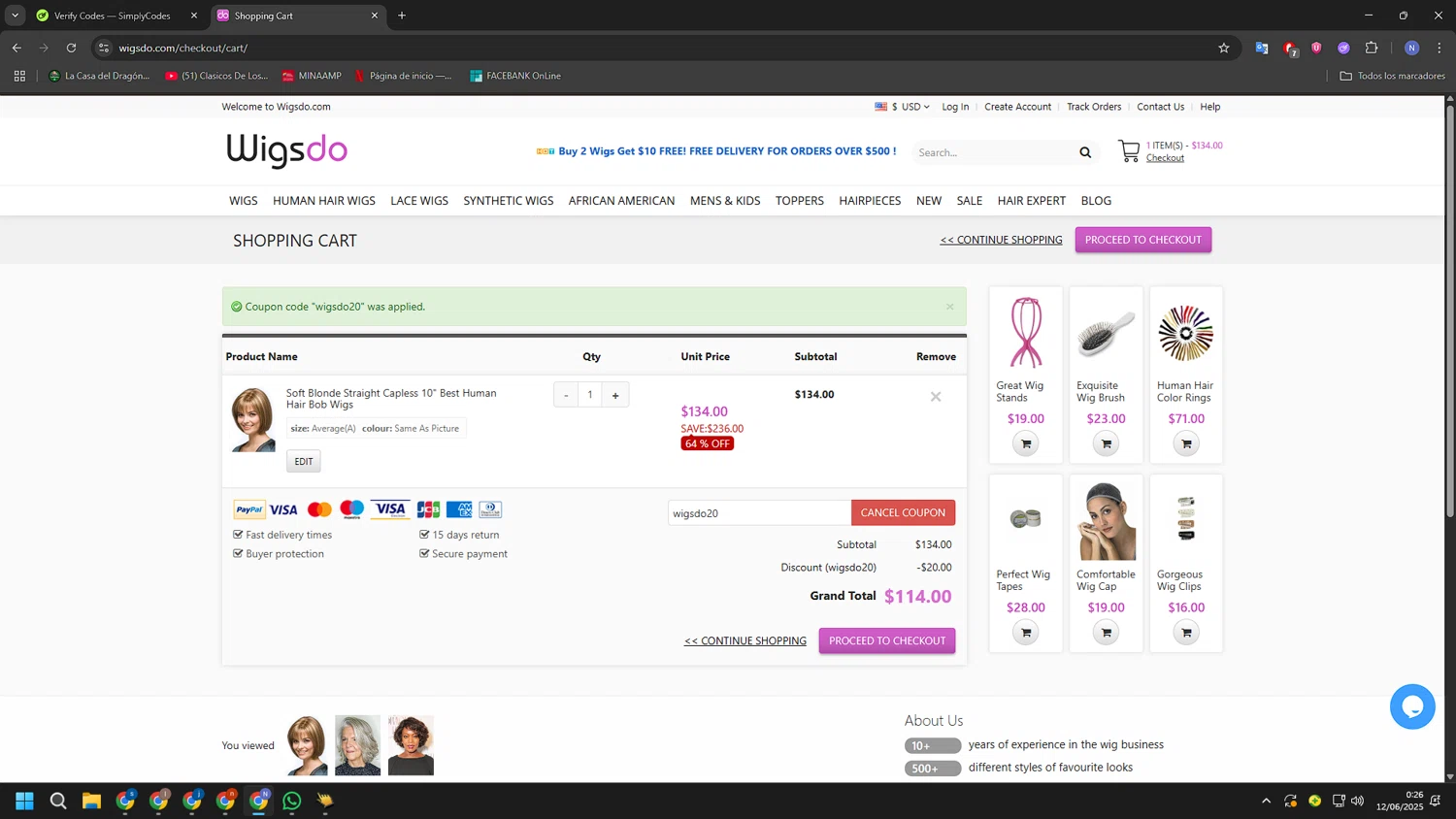 WigsDo coupon code screenshot showing code wigsdo20 applied at WigsDo checkout page. Uploaded by SimplyCodes community member RoyalGuardian2978 on Jun 12, 2025