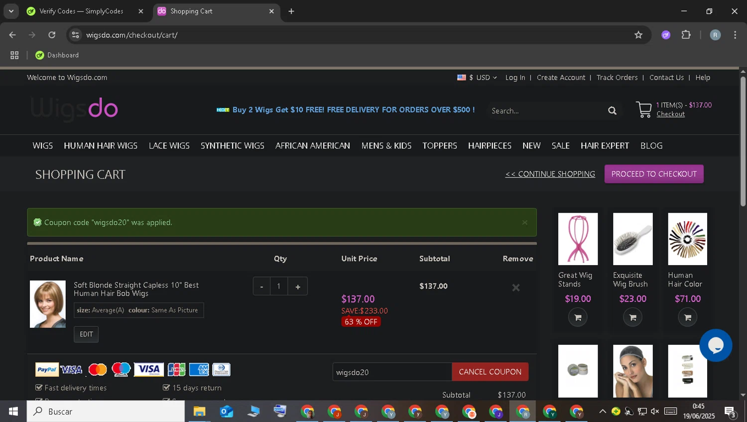 WigsDo coupon code screenshot showing code wigsdo20 applied at WigsDo checkout page. Uploaded by SimplyCodes community member WonderCollector7587 on Jun 19, 2025