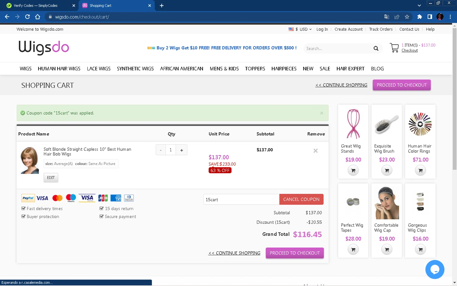 WigsDo coupon code screenshot showing code 15cart applied at WigsDo checkout page. Uploaded by SimplyCodes community member Allen_Iverson on Jun 19, 2025