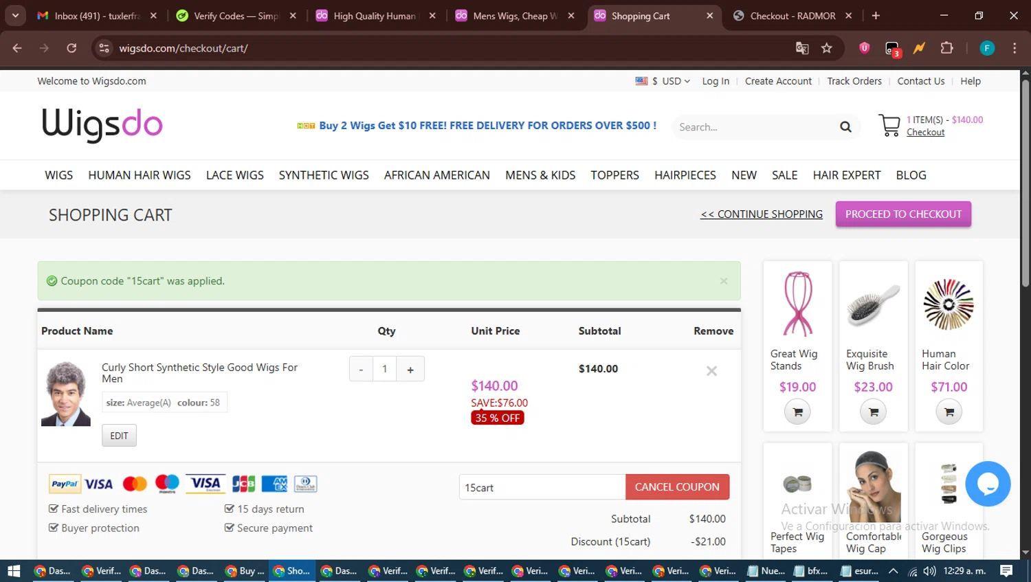 WigsDo coupon code screenshot showing code 15cart applied at WigsDo checkout page. Uploaded by SimplyCodes community member ShrewdTitan3233 on Jun 12, 2025