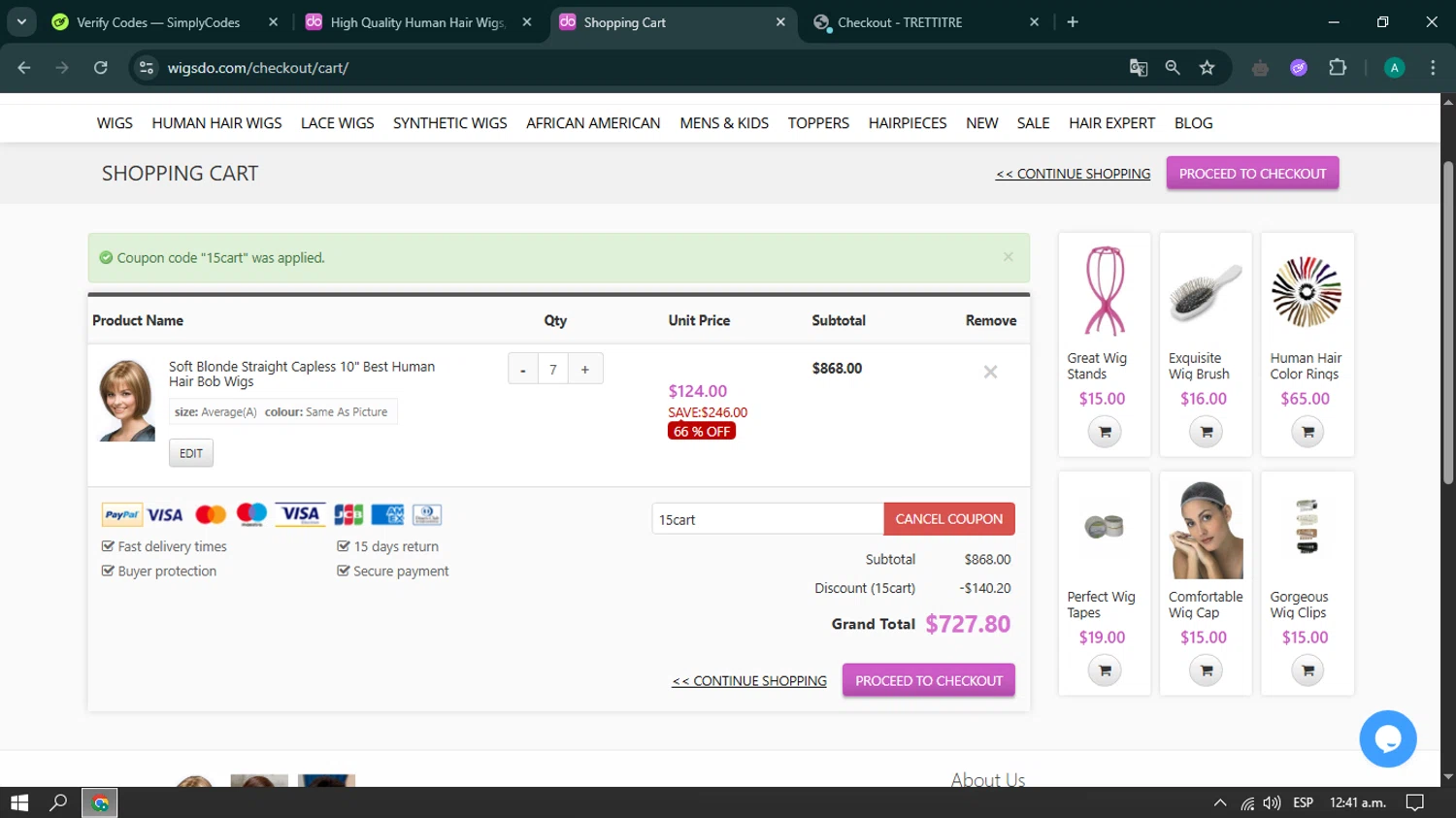 WigsDo coupon code screenshot showing code 15cart applied at WigsDo checkout page. Uploaded by SimplyCodes community member brianoconner on May 22, 2025