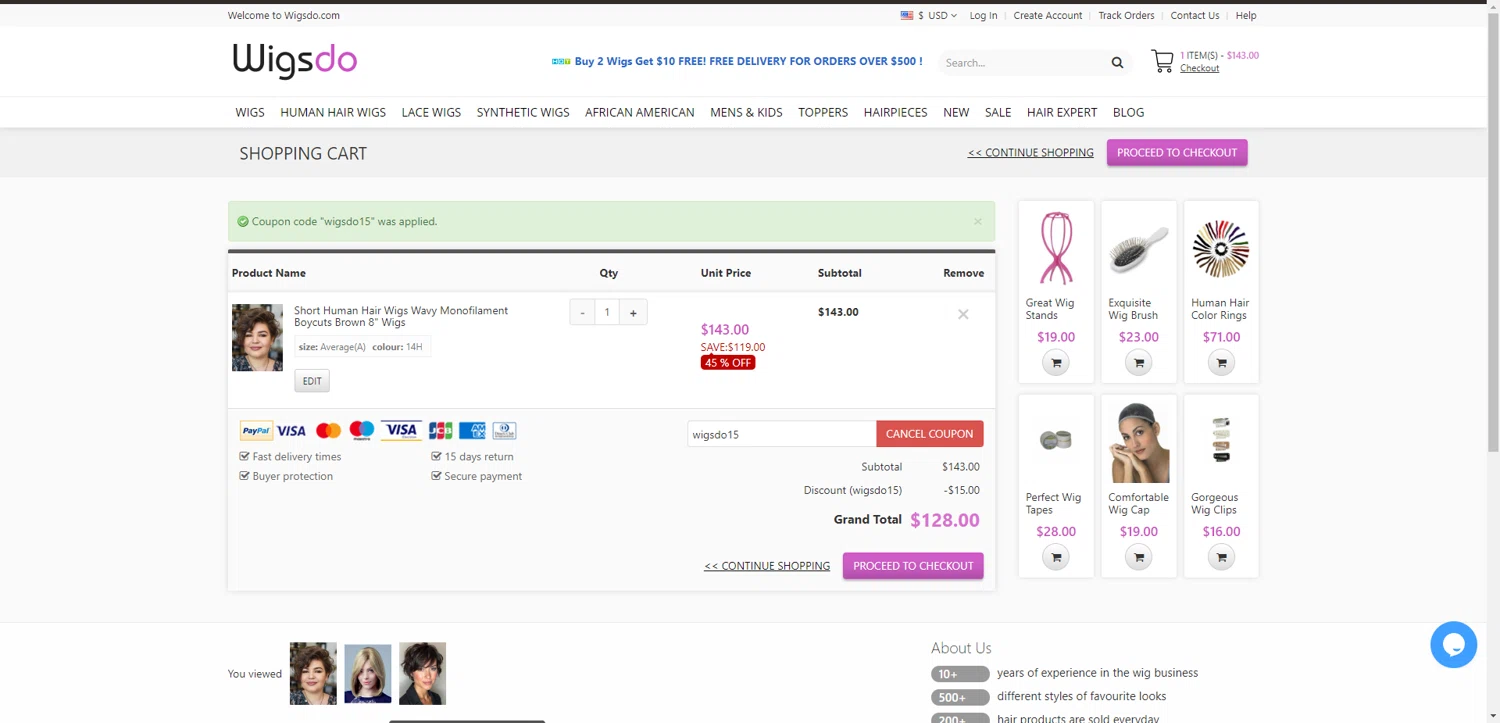 WigsDo coupon code screenshot showing code wigsdo15 applied at WigsDo checkout page. Uploaded by SimplyCodes community member EpicEagle816 on Jun 19, 2025