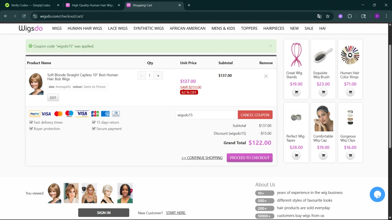 WigsDo coupon code screenshot showing code wigsdo15 applied at WigsDo checkout page. Uploaded by SimplyCodes community member GoldSeeker3096 on Jun 26, 2025