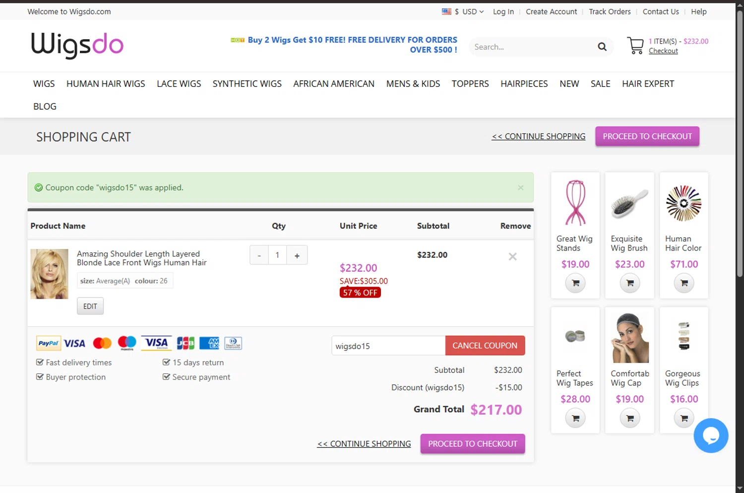 WigsDo coupon code screenshot showing code wigsdo15 applied at WigsDo checkout page. Uploaded by SimplyCodes community member Parangutirimicuaro on Jun 12, 2025