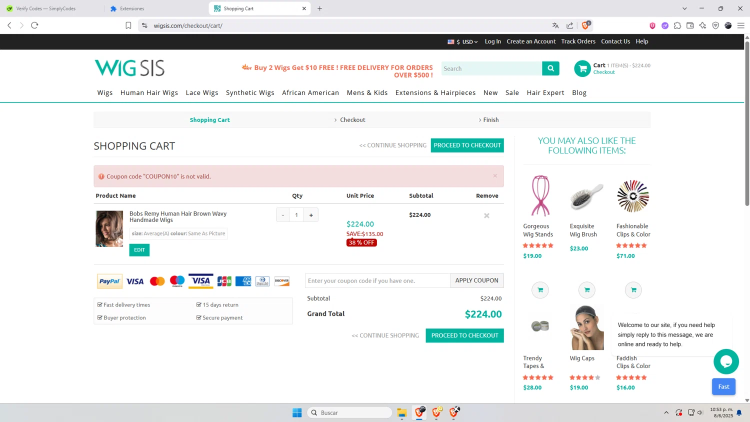 Wigsis.com coupon code screenshot showing code COUPON10 applied at Wigsis.com checkout page. Uploaded by SimplyCodes community member AnthonyGTX on Jun 9, 2025