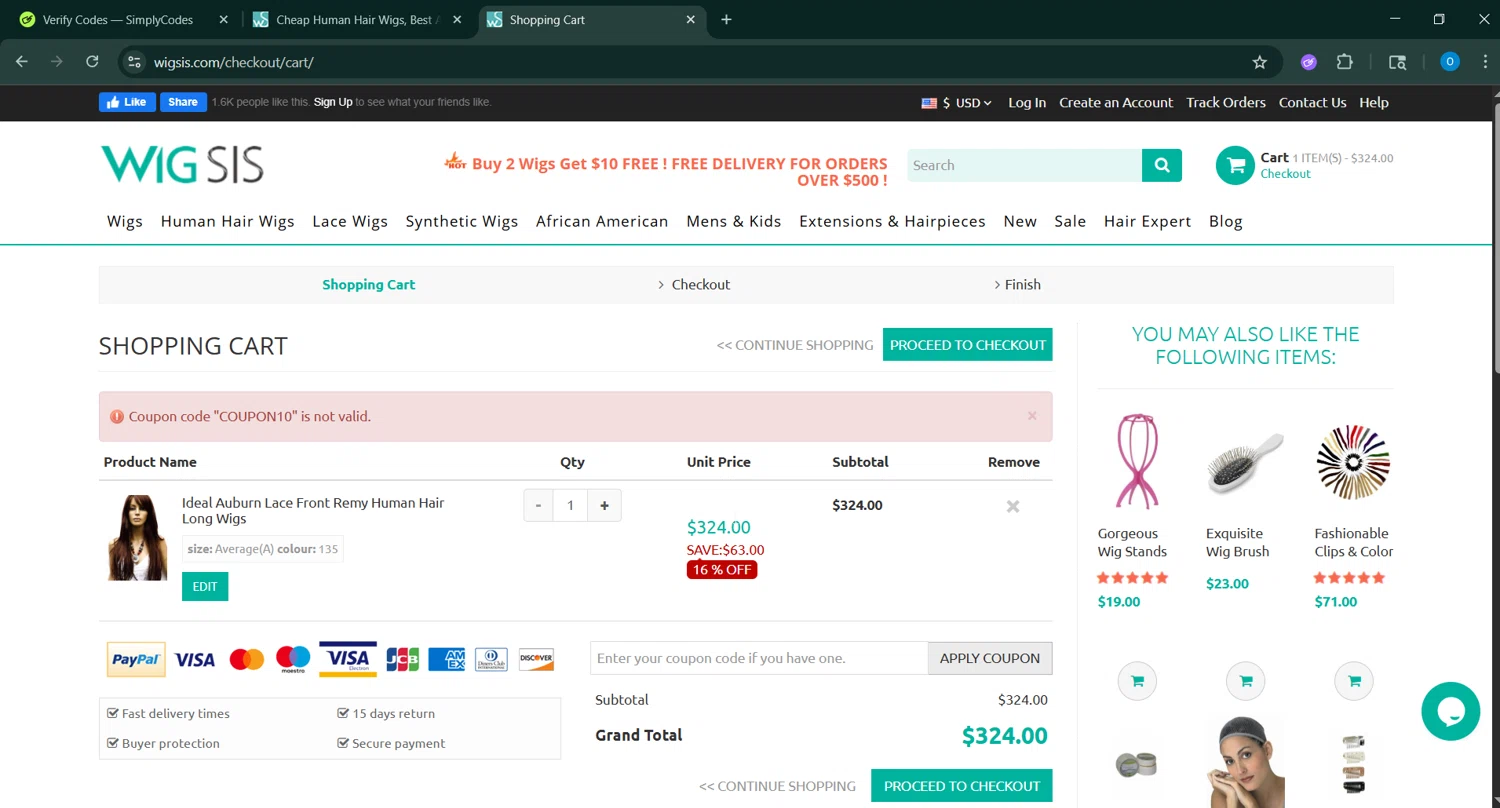 Wigsis.com coupon code screenshot showing code COUPON10 applied at Wigsis.com checkout page. Uploaded by SimplyCodes community member GoldChaser6627 on Jun 9, 2025